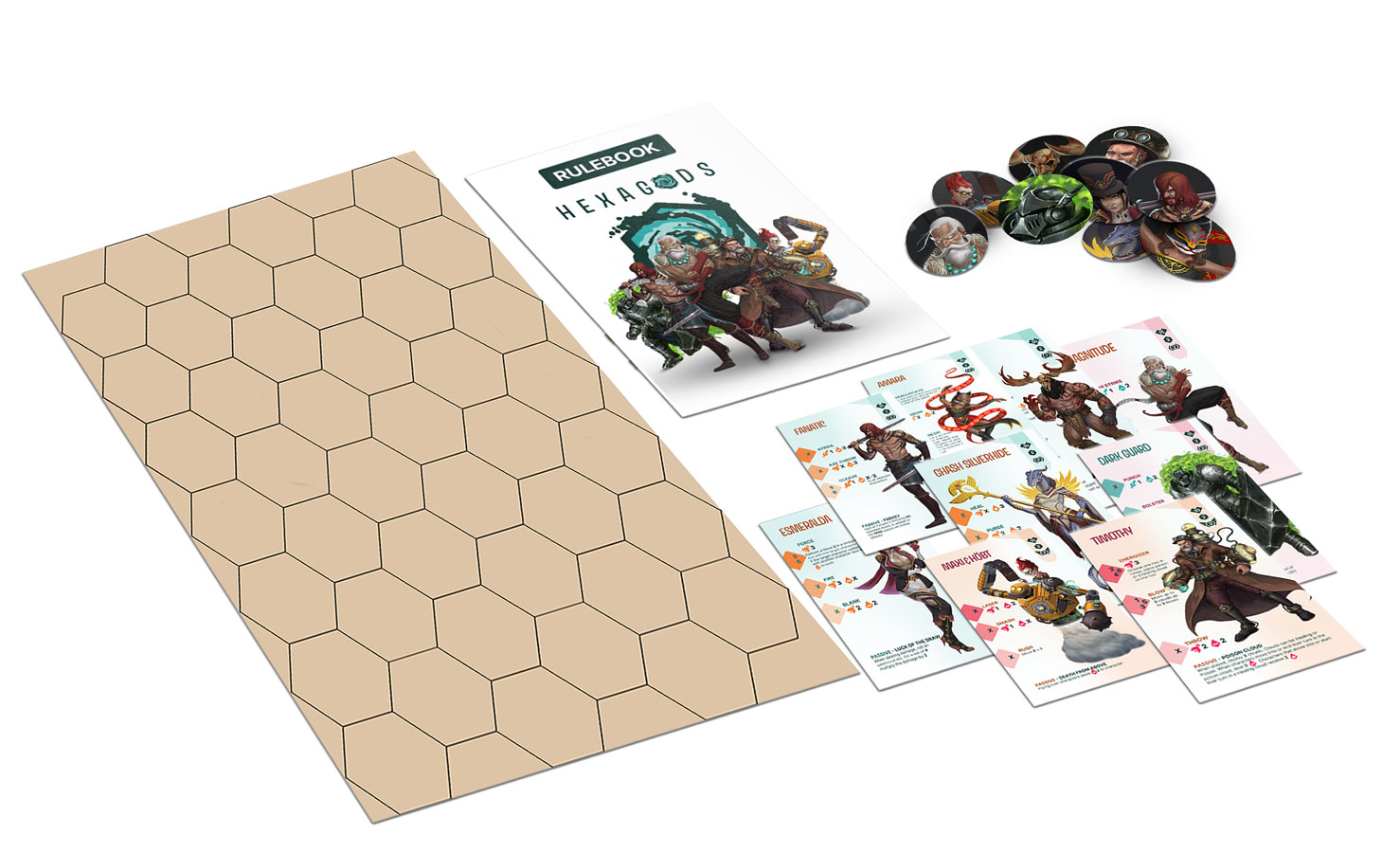Hexagods print-and-play starter kit with rulebook, datacards, tokens, and battle grid